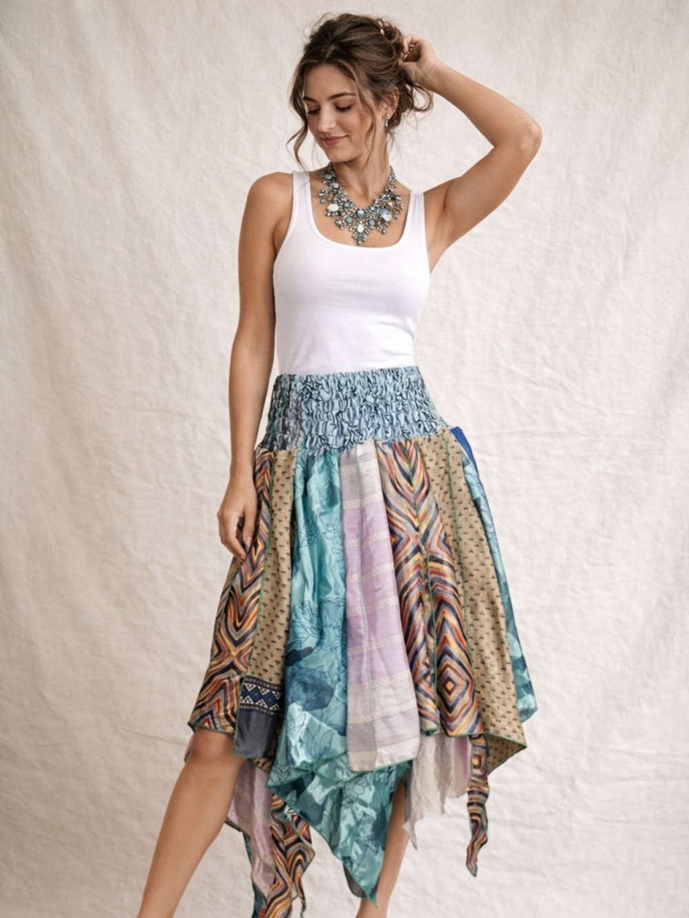 Wevez Patchwork Silk Sari Skirt Boho Festival Handkerchief Hem Elastic Waist NEW